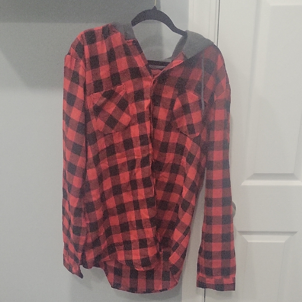 Red and Black Plaid Flannel Shirt woth hood 3xl